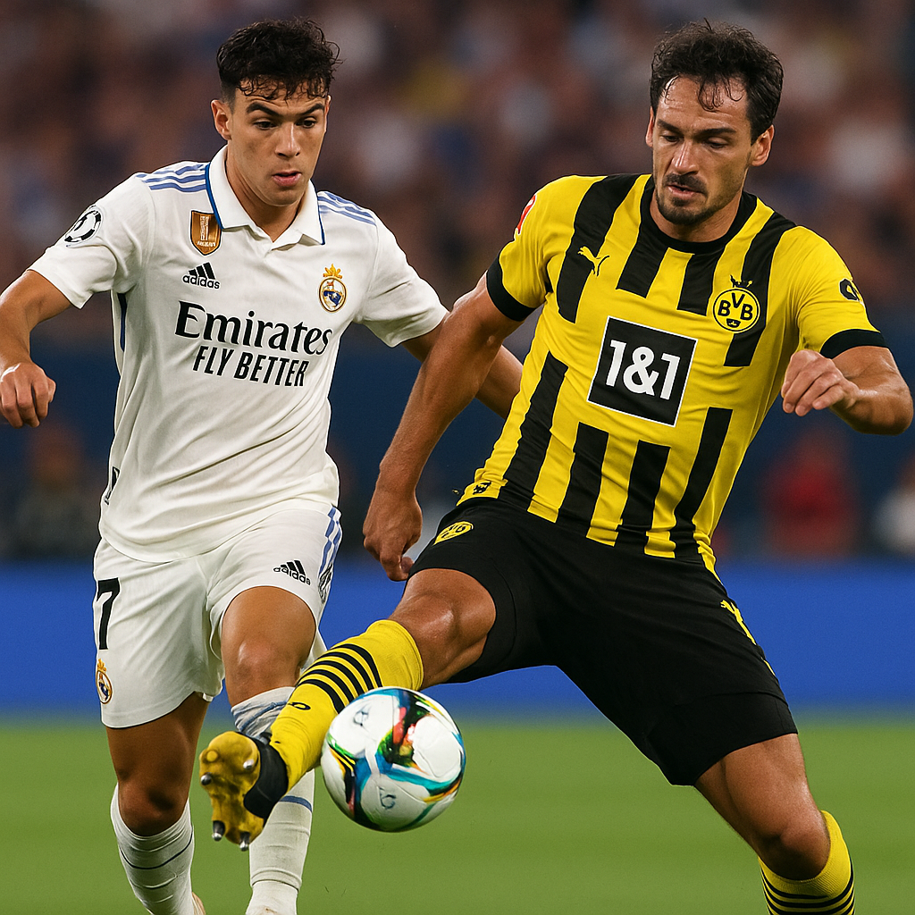 Real Madrid’s Gonzalo challenges Borussia Dortmund’s Mats Hummels during the 2025 Club World Cup quarter-final at MetLife Stadium.